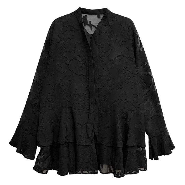 Micro-perforated lace long-sleeved shirt dress for women in summer, with bow details, loose fit, suitable for covering up and slimming the figure, A-shaped dress  DLZSY050801