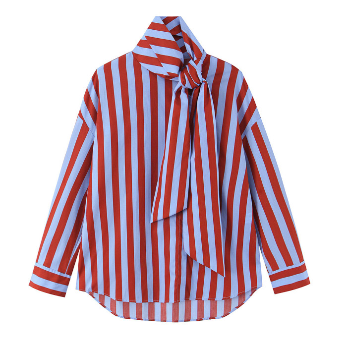 New style bow tie strap loose long-sleeved striped shirt  DLZCS3011