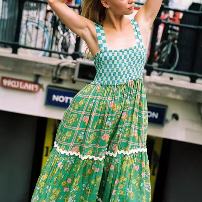 Strap-printed fashionable lace backless lace-up cake dress  DLZDD260506