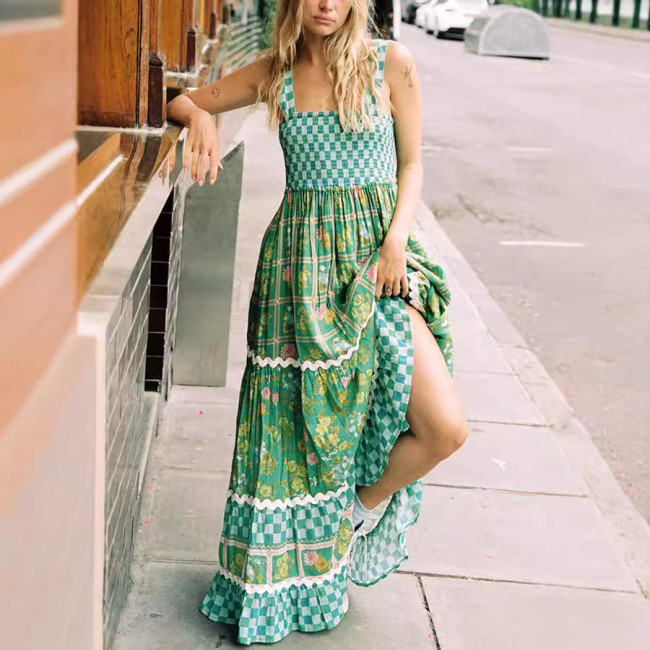 Strap-printed fashionable lace backless lace-up cake dress  DLZDD260506