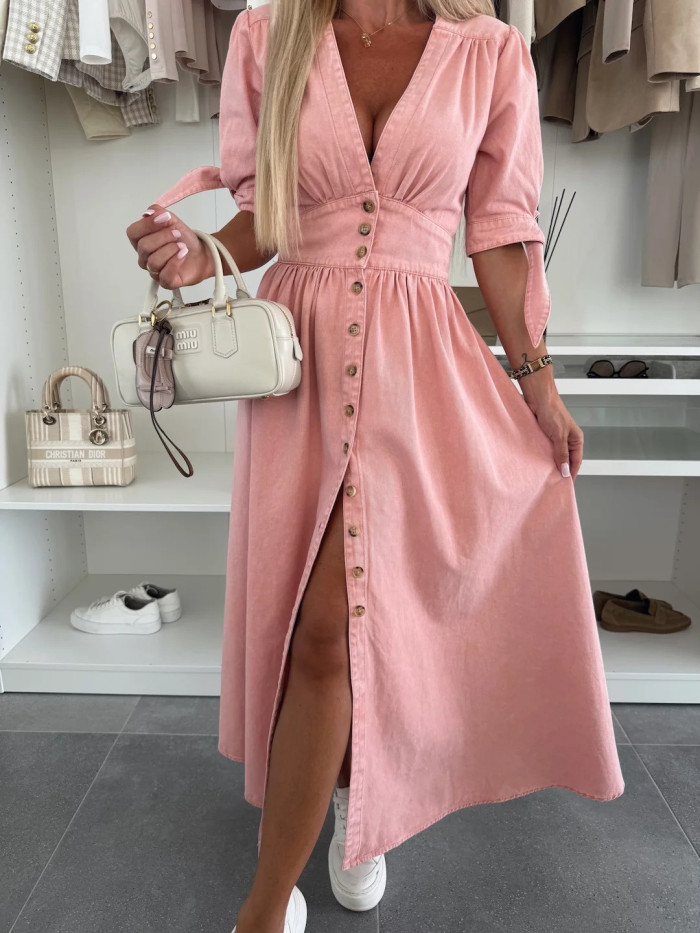 New women's fashionable and sexy V-neck long-style button-down denim dress from Europe and America DLZQ05260