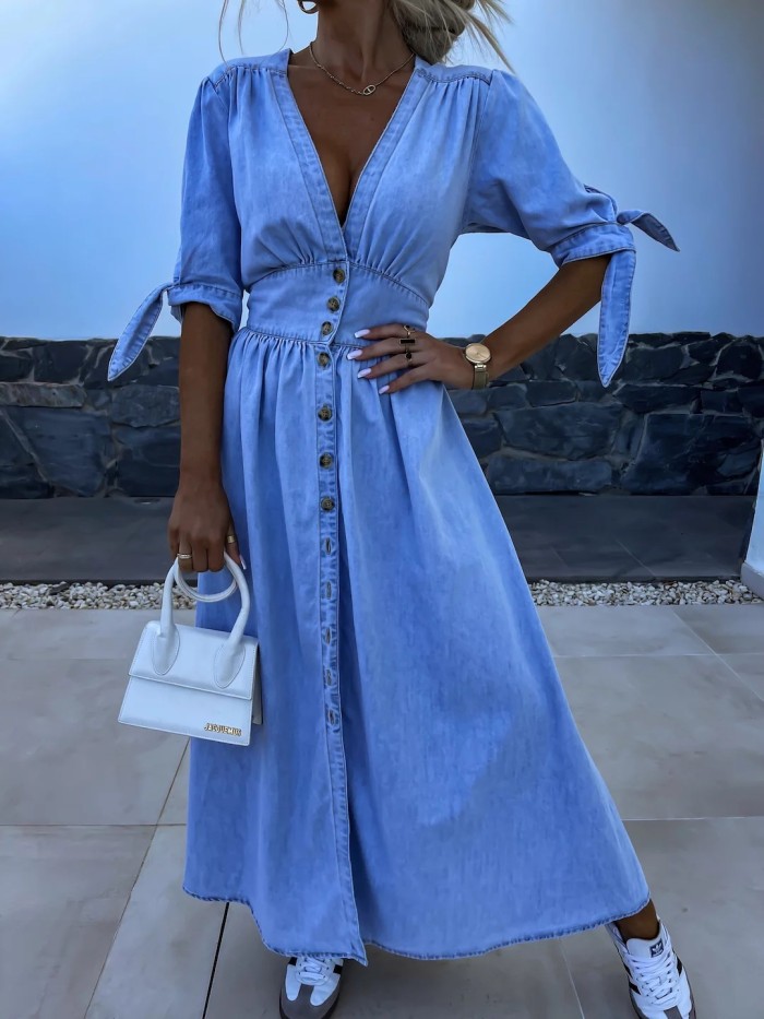 New women's fashionable and sexy V-neck long-style button-down denim dress from Europe and America DLZQ05260