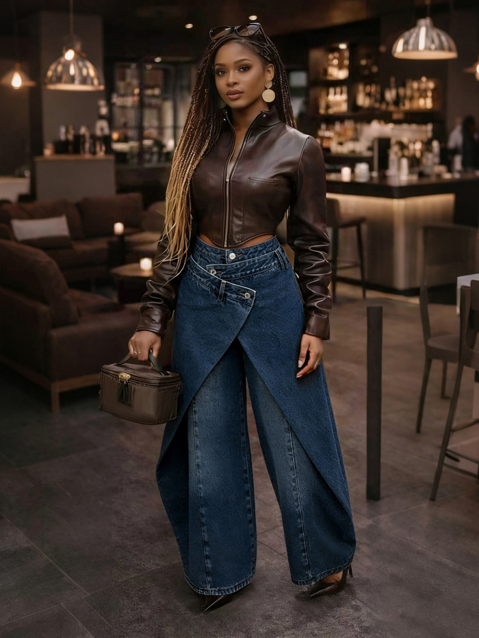 Irregular wide-leg pants - High-waisted cross-metal fastening slim and draping pants DLZNZK05