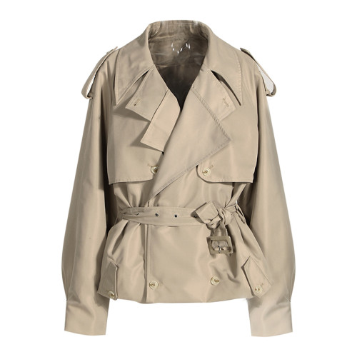 Loose and wide-shaped double-breasted short wind jacket with drawstring waist adjustment  DLZWT260504