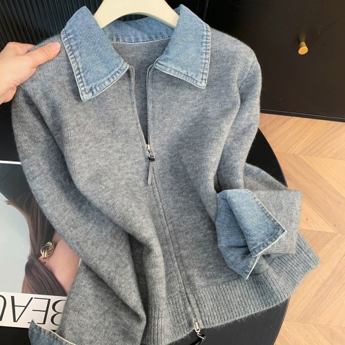 Collared long-sleeved denim patchwork double-zip knitted cardigan for women in spring, new style, relaxed look, multi-purpose, faux two-piece sweater DLZMY265