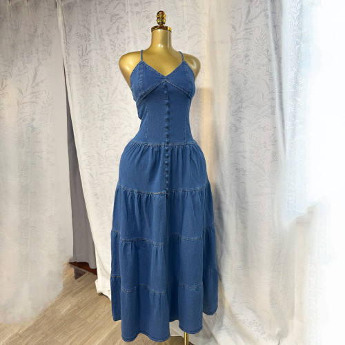 New sexy and fashionable V-neck halter top backless strapless denim dress - cake style long dress  DLZQ260505