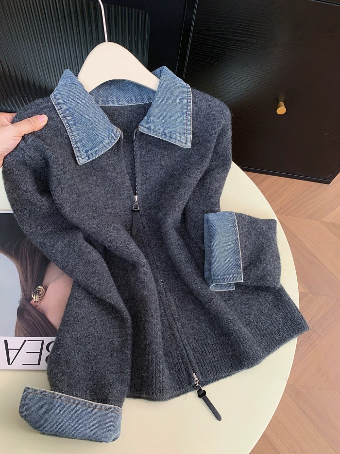 Collared long-sleeved denim patchwork double-zip knitted cardigan for women in spring, new style, relaxed look, multi-purpose, faux two-piece sweater DLZMY265