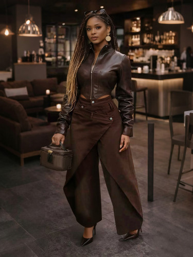 Irregular wide-leg pants - High-waisted cross-metal fastening slim and draping pants DLZNZK05