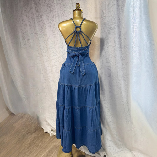 New sexy and fashionable V-neck halter top backless strapless denim dress - cake style long dress  DLZQ260505