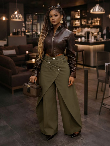 Irregular wide-leg pants - High-waisted cross-metal fastening slim and draping pants DLZNZK05