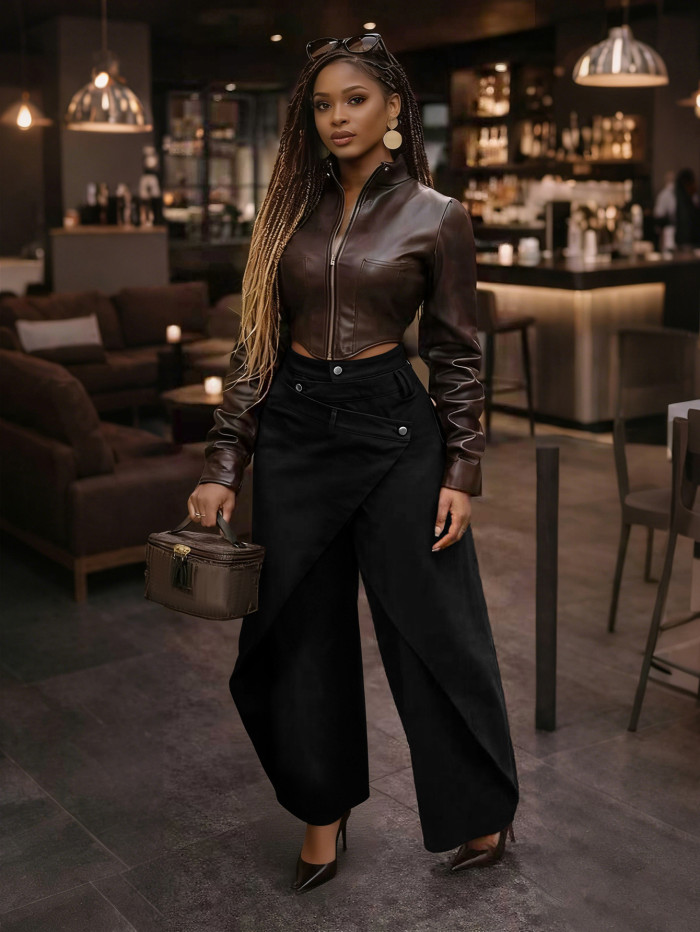 Irregular wide-leg pants - High-waisted cross-metal fastening slim and draping pants DLZNZK05