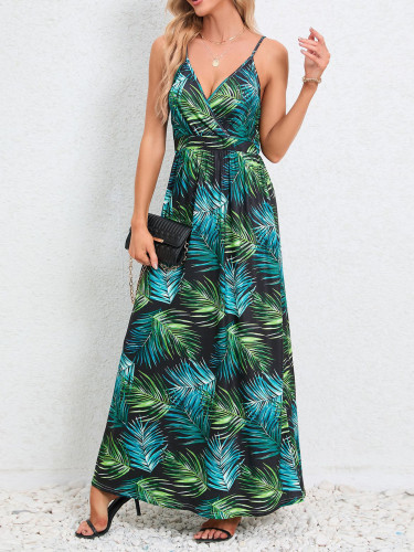 Printed V-neck high-waisted halter knit fitted flared dress in long length DLZDQ05