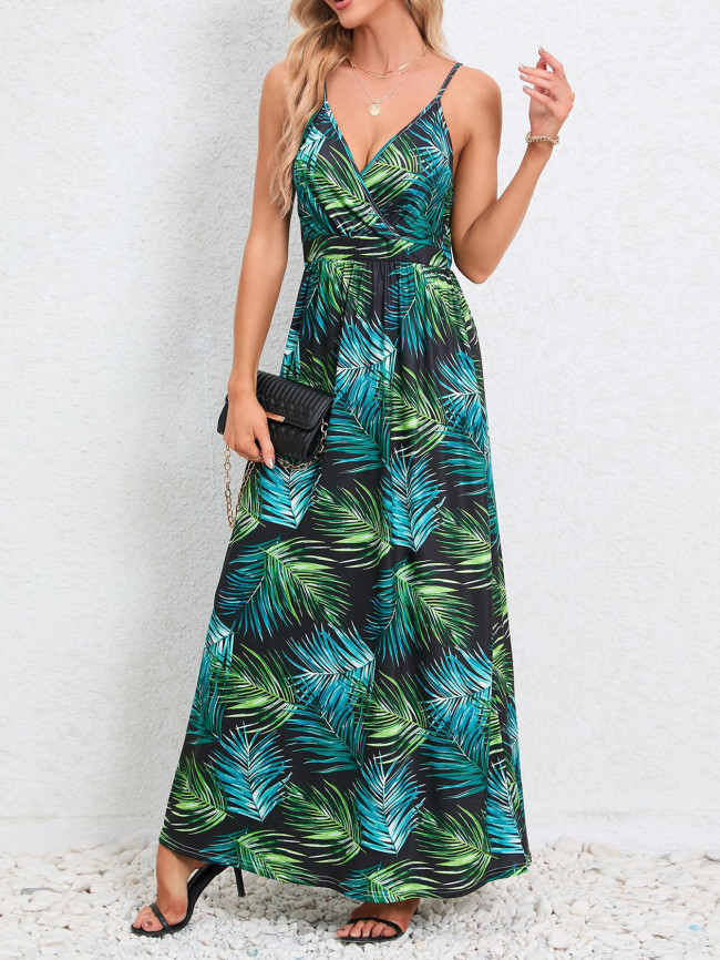 Printed V-neck high-waisted halter knit fitted flared dress in long length DLZDQ05
