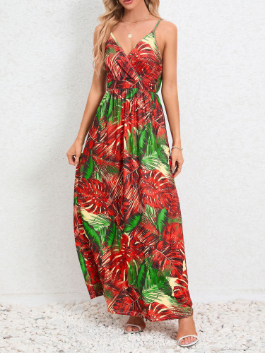 Printed V-neck high-waisted halter knit fitted flared dress in long length DLZDQ05