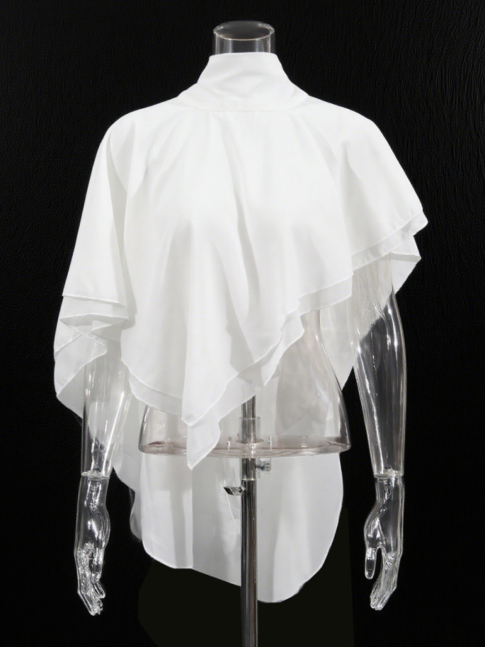 Newly released exclusive irregular design blouse in chiffon fabric with French high-end style, with a collar and tie fastening, in white color.  DLZCS0500