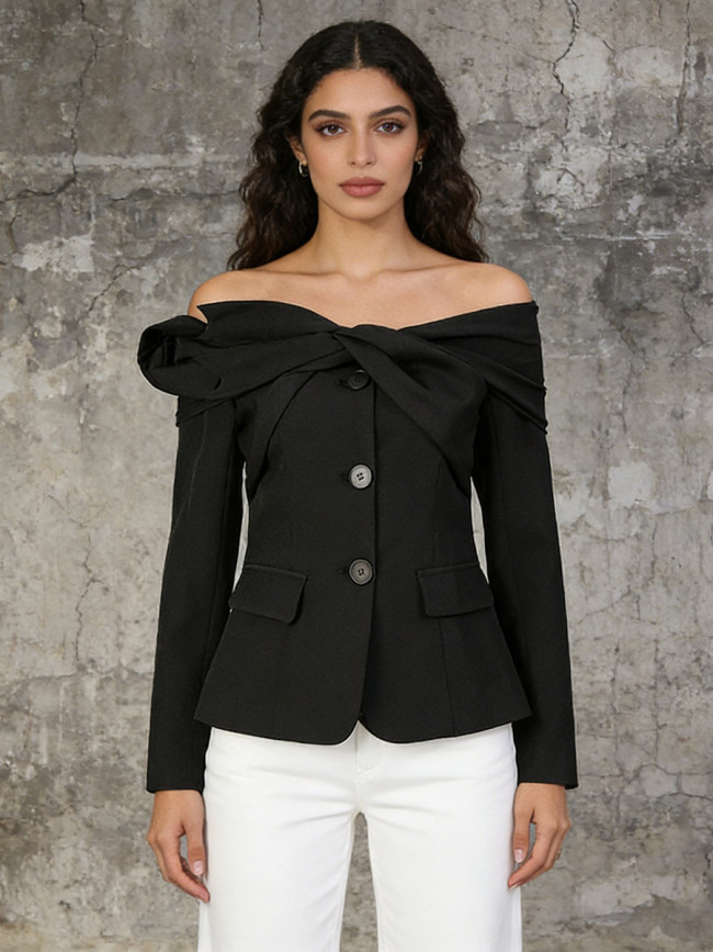 New style knot-style one-shoulder fitted slimming short black suit jacket  DLZWT26501