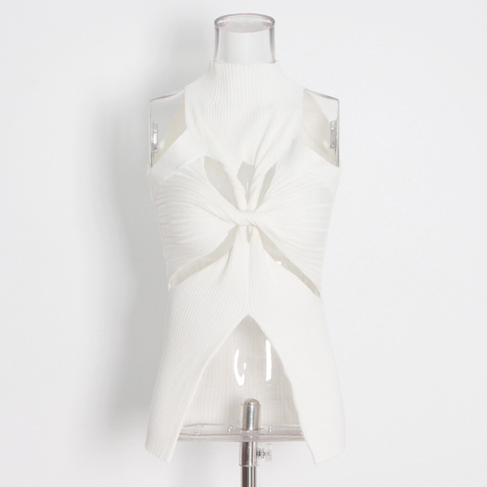 New style stand-up collar sleeveless irregularly cutout design感 knitted top  DLZM5120