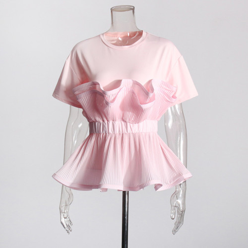 New round-neck patchwork pullover with ruffled edges that fits well and flatters the figure  DLZTX265