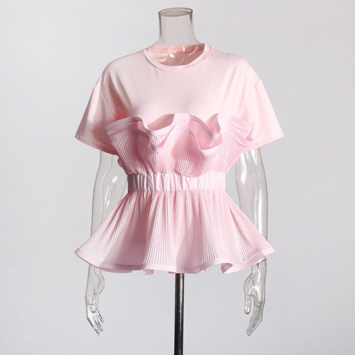 New round-neck patchwork pullover with ruffled edges that fits well and flatters the figure  DLZTX265