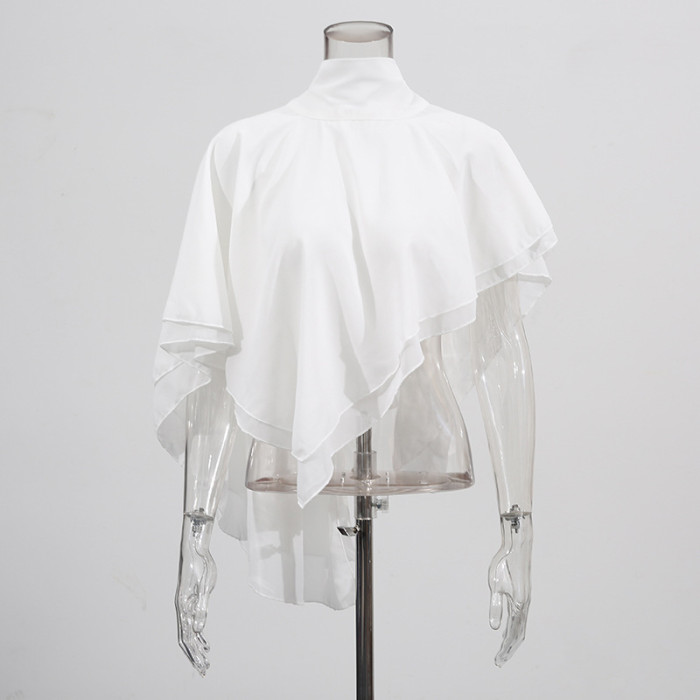 Newly released exclusive irregular design blouse in chiffon fabric with French high-end style, with a collar and tie fastening, in white color.  DLZCS0500
