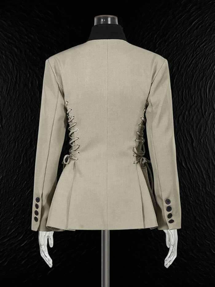 New trendy stand-up collar belt-waisted slimming suit jacket   DLZWT0512