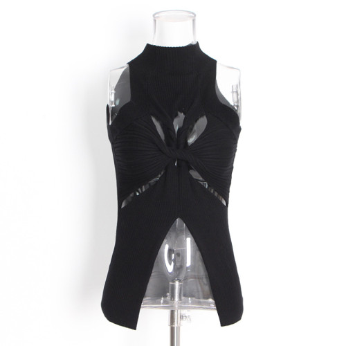 New style stand-up collar sleeveless irregularly cutout design感 knitted top  DLZM5120