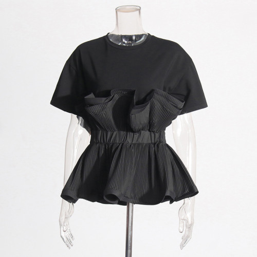 New round-neck patchwork pullover with ruffled edges that fits well and flatters the figure  DLZTX265