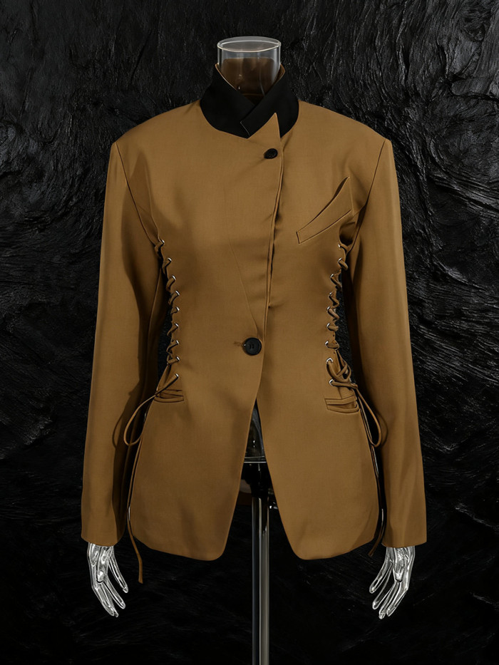 New trendy stand-up collar belt-waisted slimming suit jacket   DLZWT0512