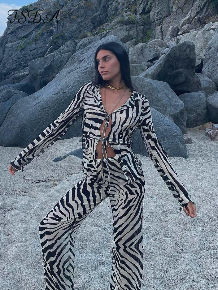 Fashionable and sexy strap netted striped printed long-sleeved two-piece set - outfit  DLZTZ51401