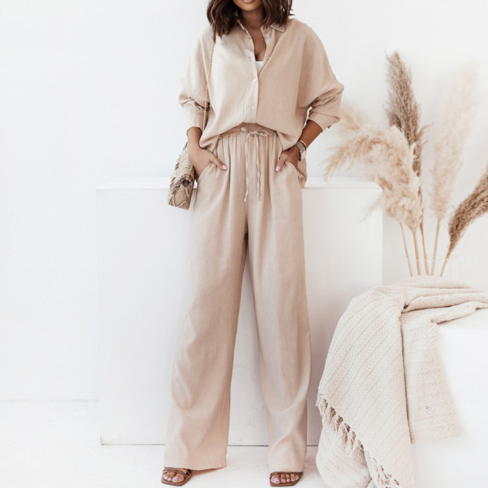 New trendy style collar blouse + high-waisted trousers - a two-piece set  DLZTZ5140
