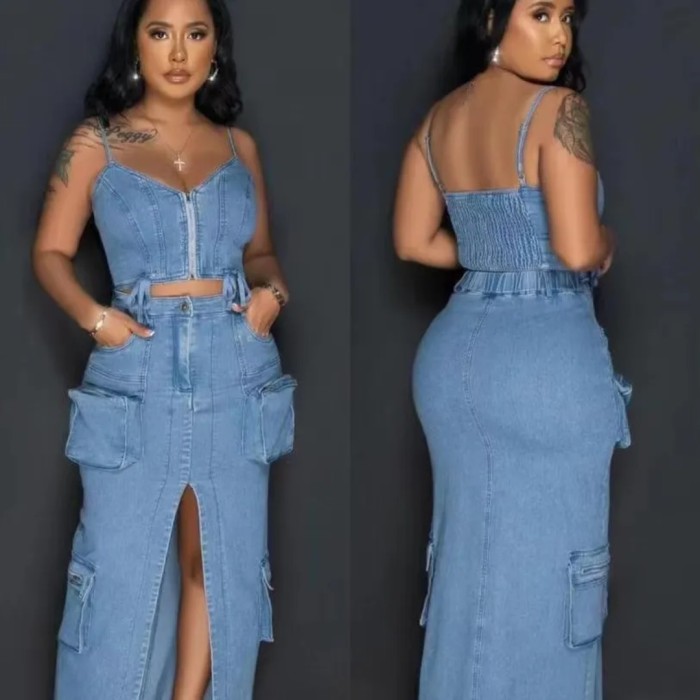 New trendy and sexy zipper blazer with slit skirt, pocketed workwear denim suit  DLZN2651 30 