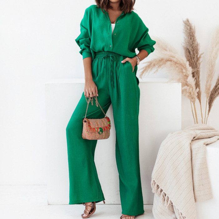 New trendy style collar blouse + high-waisted trousers - a two-piece set  DLZTZ5140