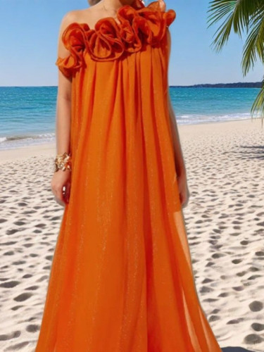 Orange three-dimensional flower pleated off-the-shoulder V-neck European-style backless dress  DLZQZ26508