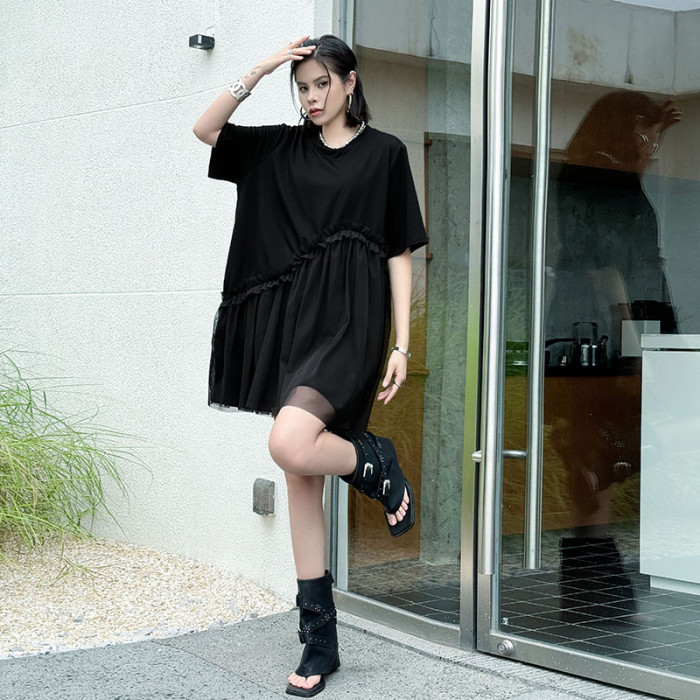 Net fabric patchwork mid-length dress  DLZW26515