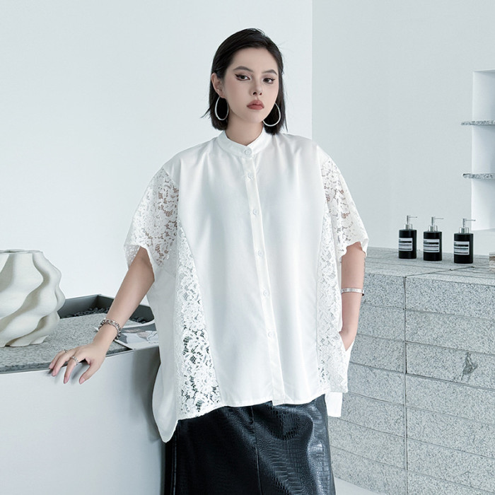 Lace openwork cotton and linen short-sleeved shirt  DLZSY5150