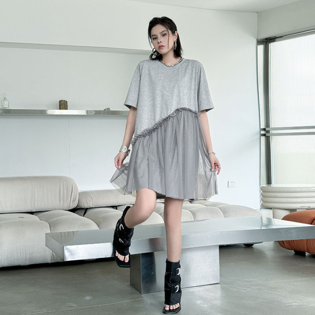 Net fabric patchwork mid-length dress  DLZW26515