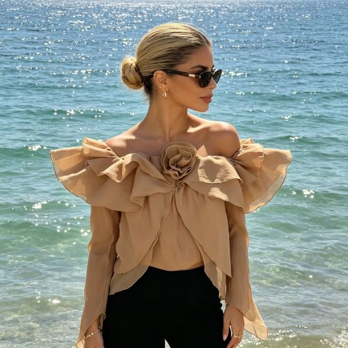 New trendy floral one-shoulder ruffled-edge design long-sleeved top  DLZLJ5160