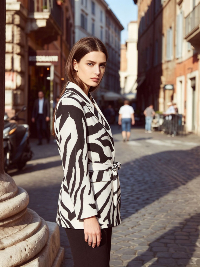 Elegant and trendy fashion design with animal patterns. V-neck and fitted waist. Formal jacket.  DLZ2651600