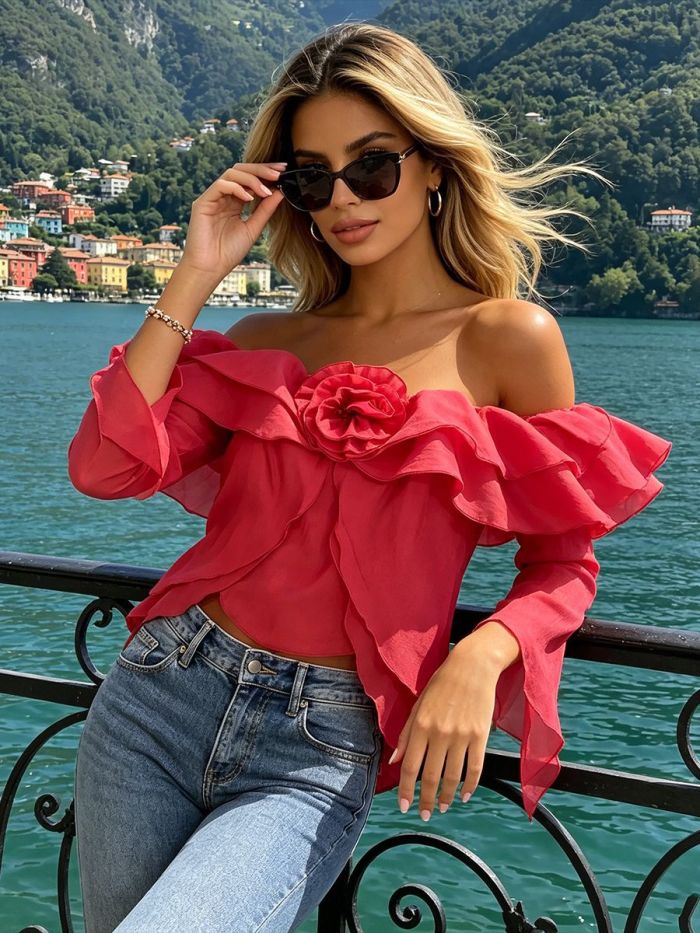 New trendy floral one-shoulder ruffled-edge design long-sleeved top  DLZLJ5160