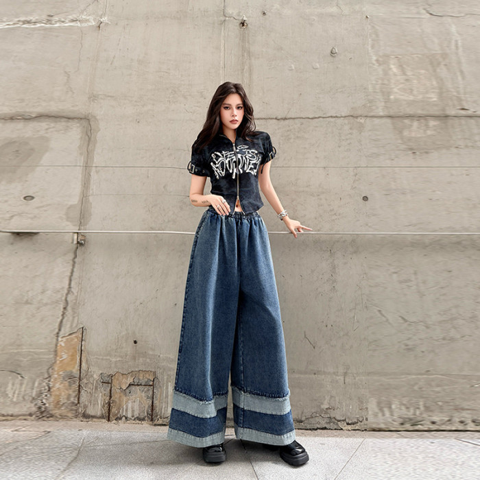 Retro distressed patchwork high-waisted slim-fit design casual and unique denim pants  DLZNZ0505