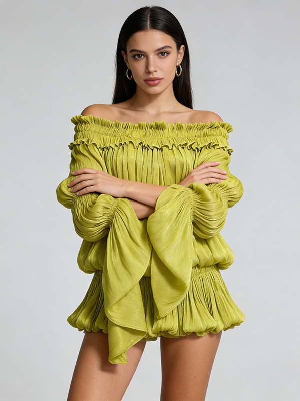 Solid Loose Spliced Folds Dress for Women Slash Neck Long Sleeve Luxury Irregular Dresses Female Summer Fashion New DLZRJ50