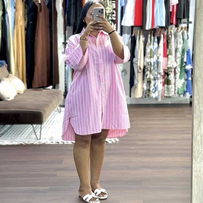 New style fashionable collar-buttoned loose striped long-sleeved mid-length shirt DLZCS516