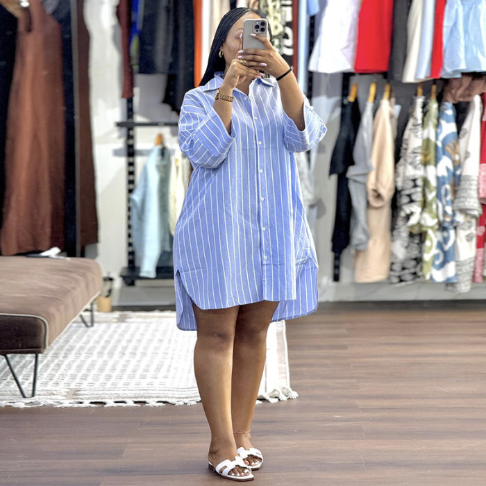 New style fashionable collar-buttoned loose striped long-sleeved mid-length shirt DLZCS516
