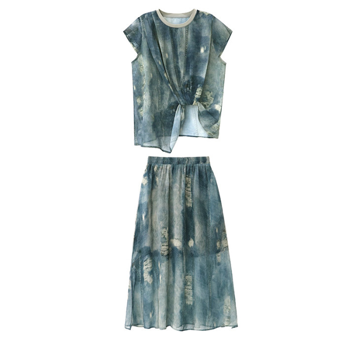 Blue Denim T-shirt Half-body Skirt Two Pieces Suit New Round Neck Short Sleeve Women Fashion Spring Summer   DLZTZ261405