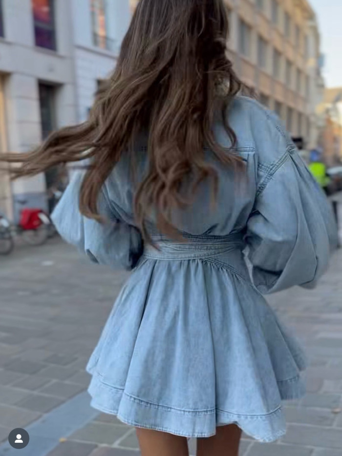 Jeans butterfly decorative tie-front long-sleeved dress  DLZWT51905