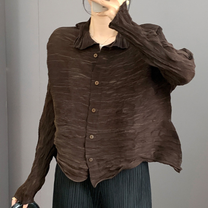  Handmade Pleated Niche Design Women's Shirt Chic New Single Breastead Stand Collar Lightweight Irregular Tops DLZSY260507