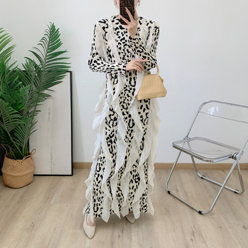 Elegant Women's Pleated Dress New O-neck Long Sleeve Leopard Print Patchwork Long Dresses Fashion 