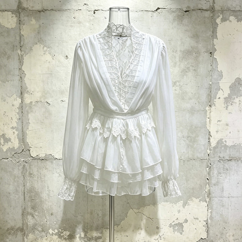 New deep V collar-neckline see-through lantern sleeve top + multi-layer ruffled short skirt two-piece set DLZTZ51900