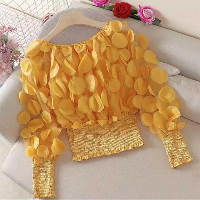 Fashion three-dimensional floral stylish bubble sleeve see-through net fabric chiffon blouse  DLZyzj05