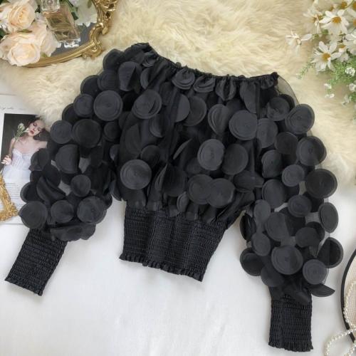 Fashion three-dimensional floral stylish bubble sleeve see-through net fabric chiffon blouse  DLZyzj05